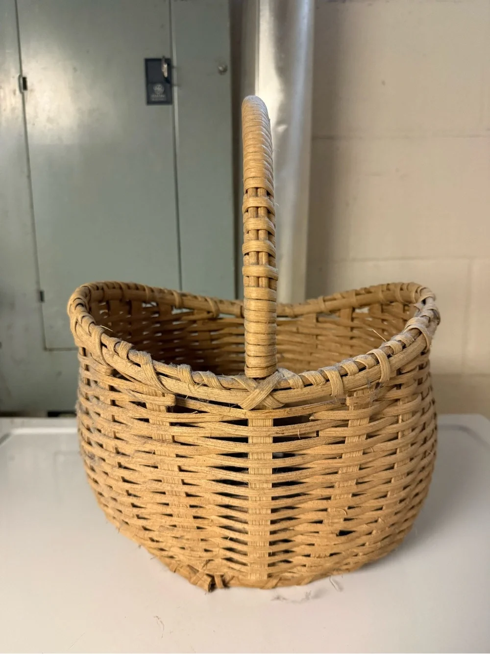 Vintage Hand Crafted Natural Woven Basket in Light Tan with Handle Rustic